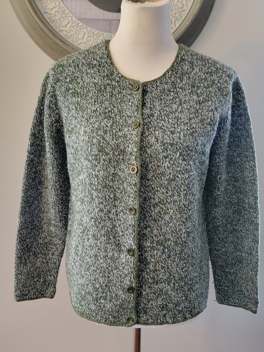Talbots Green and White Marled Wool Knit Cardigan